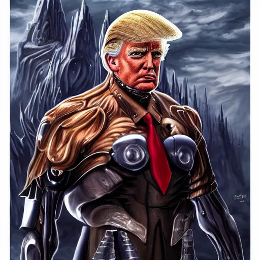 Image similar to Donald Trump as huge cyborg, fantasy art