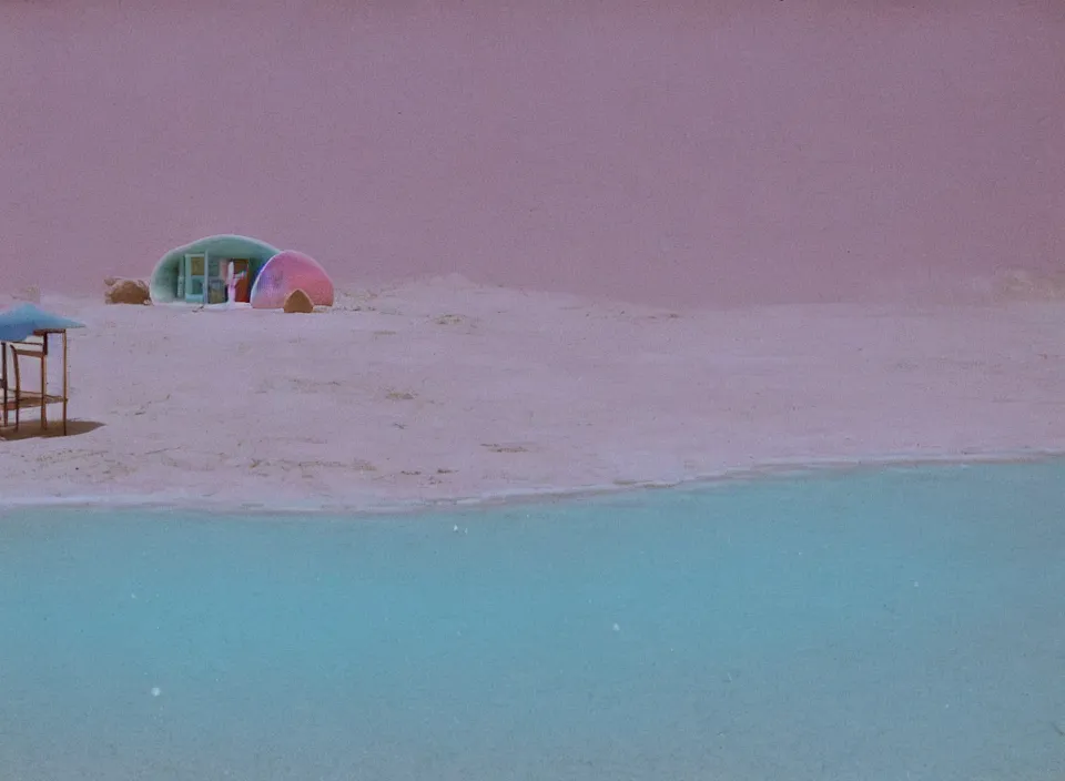 Image similar to a pastel coloured vintage family holiday photo of an empty beach from an alien dreamstate world with chalky pink iridescent!! sand, reflective lavender ocean water, dim bioluminescent plant life and an igloo shaped plastic transparent restaurant including clutter opposite a pit with an iridescent blue flame flickering. glare. refraction, volumetric light.