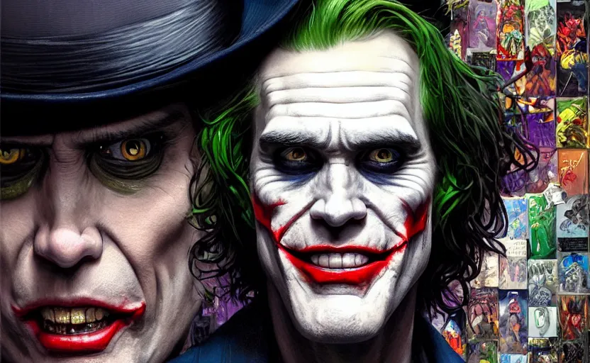 Image similar to highly detailed portrait of jim carrey as the joker wearing a fedora, in batman comic book, stephen bliss, unreal engine, fantasy art by greg rutkowski, loish, rhads, ferdinand knab, makoto shinkai and lois van baarle, ilya kuvshinov, rossdraws, tom bagshaw, global illumination, radiant light, detailed and intricate environment