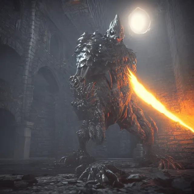 Image similar to sans undertale monster reimagined as a boss in dark souls, dark cinematic, volumetric, realistic, cinematic lighting, ray tracing, unreal engine 5, unreal engine render, octane render, hyper realistic, photo, 8 k