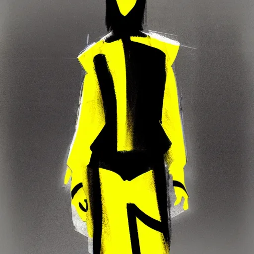 Image similar to brutalist fashion incorporating black and yellow, fashion show, studio lighting, concept art