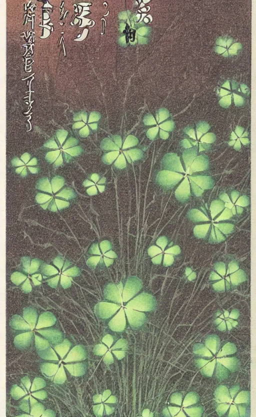 Image similar to by akio watanabe, manga art, just a clover trasported by the wind, trading card front