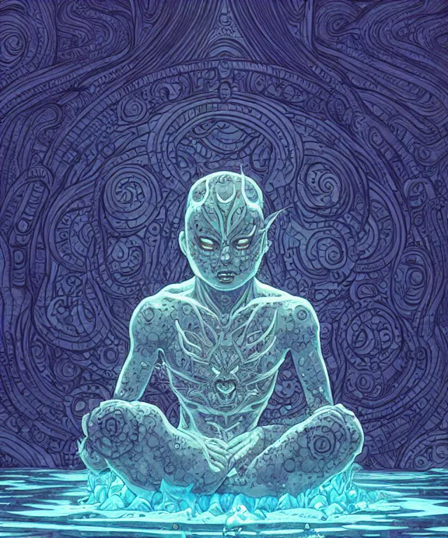 Prompt: a water demon meditating surrounded by power sigils, centered composition, crisp 8 k line art, digital painting, artstation, unreal engine, octane render, emissive lighting, concept art, matte, sharp focus, hyper realistic lighting, illustration, art by shintaro kago and victo ngai