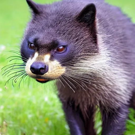 Image similar to a honeybadger - cat - hybrid with a beak, animal photography, wildlife photo