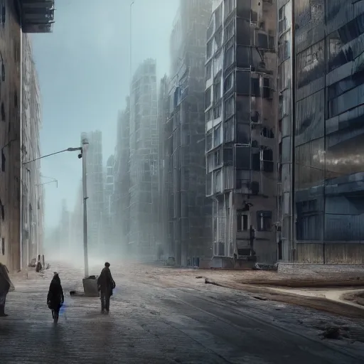 Prompt: hyperrealistic matte painting of a desolate city street, travelers walking under massive buildings, intricate detail, vr, cables, distortions, piping, 8 k resolution, technological, endless street, by hugh ferris, cyberpunk style, concept art, trending on artstation