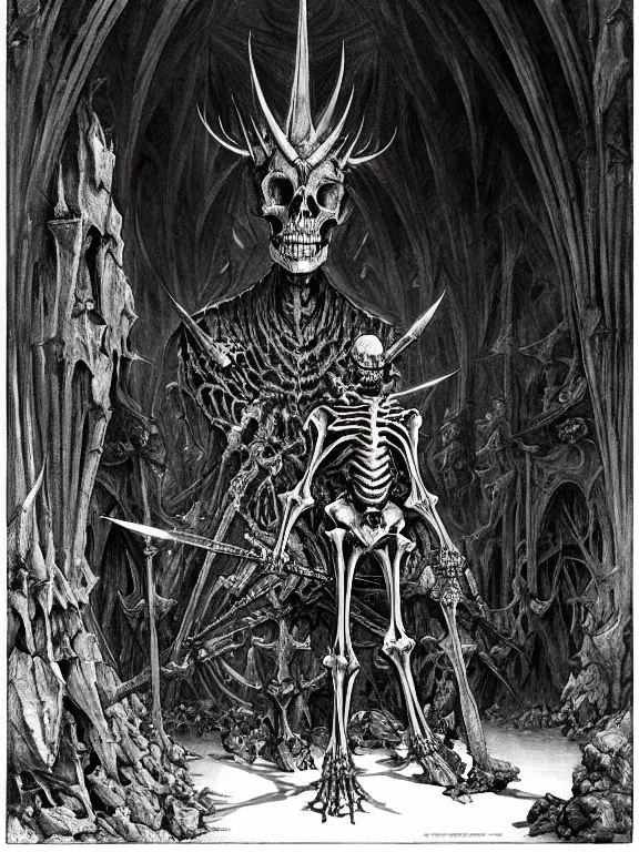 Prompt: A spiked horned semiork-semihuman skeleton with armored joints stands in a large cavernous throne room with a big broadsword in hand. Massive shoulderplates. Extremely high details, realistic, fantasy art, solo, masterpiece, bones, ripped flesh, saturated colors, art by Zdzisław Beksiński, Arthur Rackham, Wayne Barlowe