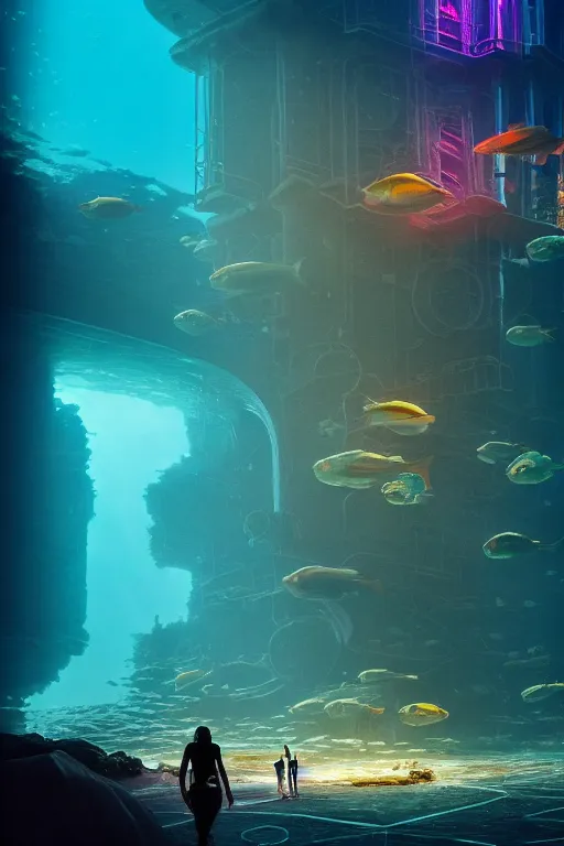 Image similar to high quality photo of cinematic underwater dystopian futurist city ruins with giant bioluminescent multicolored mutant fish and cyborg jellyfish, masterpiece, aykut aydogdu, very dramatic volumetric light, long shot, ground angle uhd 8 k, deep focus