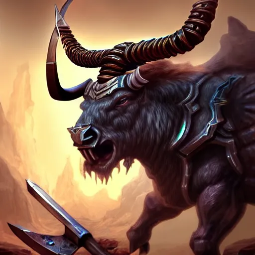 Prompt: epic bull headed minotaur beast armored with giant axe, silver metal, artwork, vivid colors, concept art, greek mythology, detailed, modern design, dark fantasy, digital painting, artstation, d&d