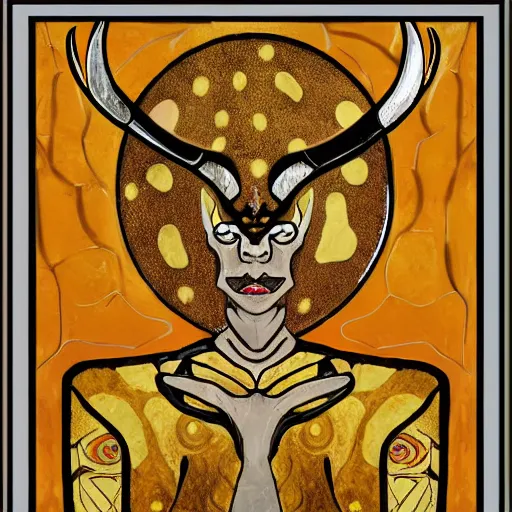 Prompt: a stylized minimalist icon of a tarot card, title'the horned demon ', klimt, royo, behance, global illumination, pixel art, cell shading, outline