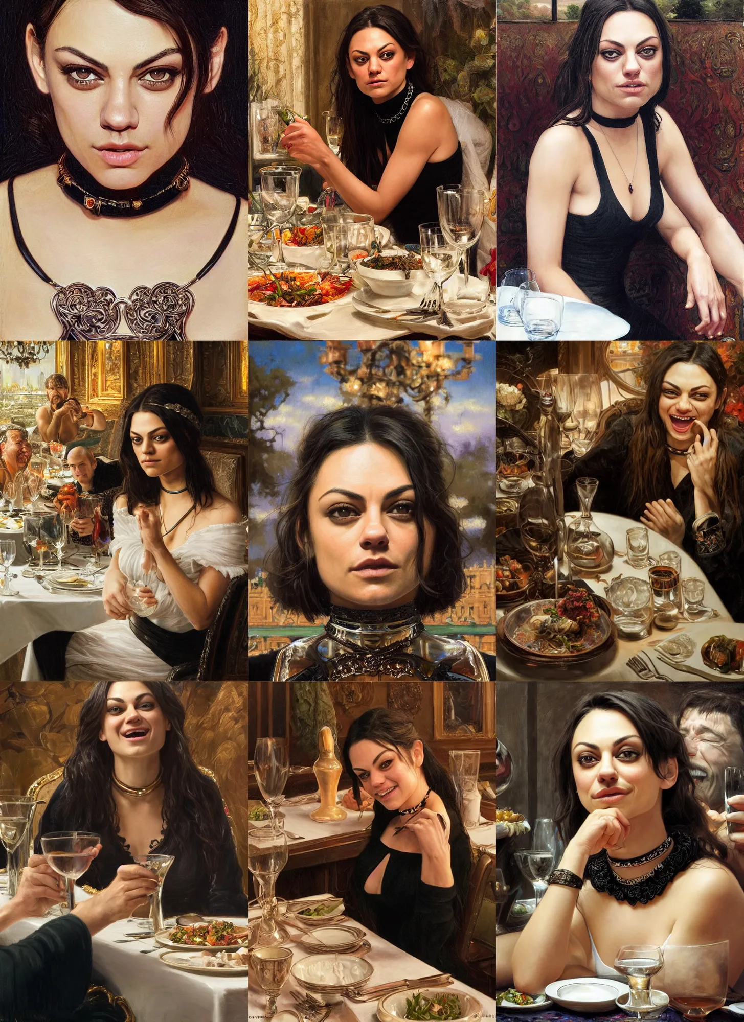 Image similar to dinner with mila kunis laughing sitting across the camera wearing a black choker staring into the camera in an expensive restaurant, point of view, intricate, elegant, tasteful, highly detailed, shallow depth of field, artgerm, donato giancola, joseph christian leyendecker