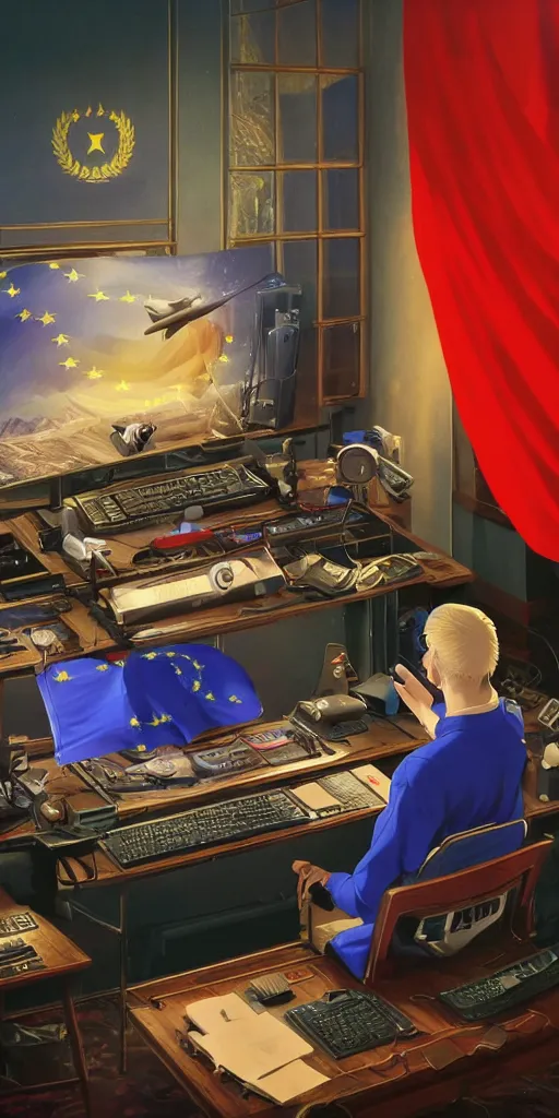 Prompt: european union eu hybrid influencer sitting on chair on computer playing games on led keyboard and gaming mouse, ussr suite, communism, ussr armor, eu flag, european union flag, keyboard, computer mouse, dark and gloom, extremely detailed oil painting, rhads, Bruce Pennington, Studio Ghibli, tim hildebrandt, cinematic, octane render, beautiful composition, trending on artstation, award-winning photograph, masterpiece