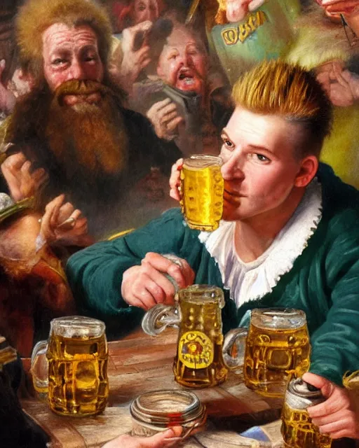 Image similar to a painting of bart simpson holding a mug of beer at the oktoberfest, a detailed painting by konstantin makovsky and by jan matejko and by nikolay makovsky, shutterstock contest winner, german romanticism, detailed painting, oil on canvas, wimmelbilder