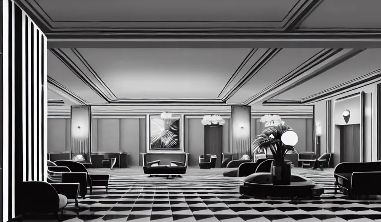 Prompt: a beautiful, sharp focus, clean lines. the interior of a vast 1 9 4 0 s art deco luxury hotel lobby. vaporwave ombre rendering. outrun style. trending on artstation. recommended for you behance. wes anderson colors. by chris moore. by edward hopper. ambient occlusion. digital matte painting. metropolis filmic. gotham city.