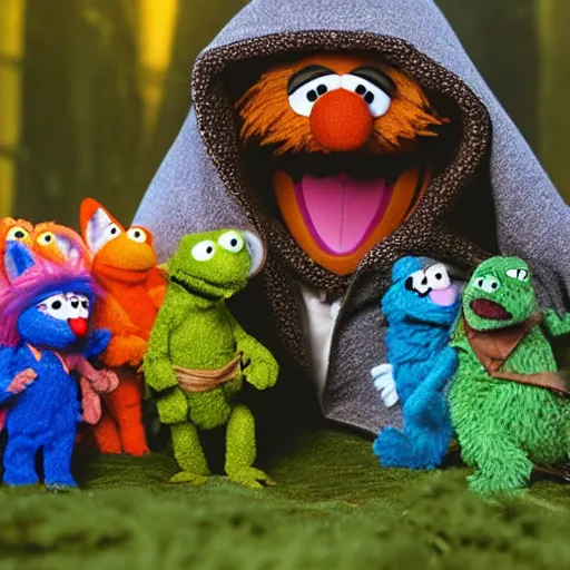 Image similar to a chibi foxfolk muppet druid wizard wearing a hooded cloak holding a small muppet animal with a small herd of random muppet animals following behind, sesame street, photograph, photography, ultrarealistic, national geographic