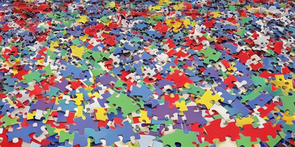 Image similar to a giant jigsaw puzzle being put together by tiny people