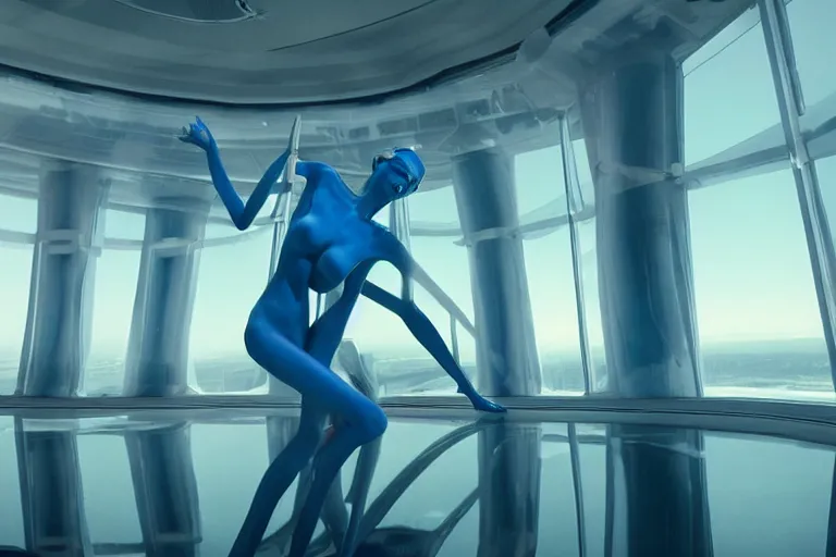 Prompt: vfx movie scene closeup portrait of beautiful blue skin skimpy alien woman dancing in sleek futuristic decadent spaceship pillars, futuristic ballroom. giant windows view of earth obit. by emmanuel lubezki