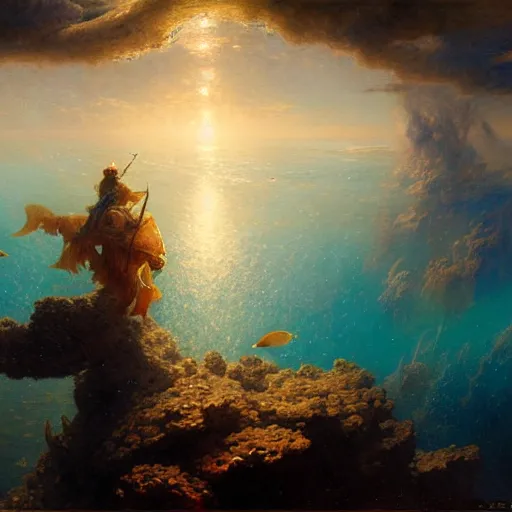 Image similar to point of view of deep in the ocean looking up, you see fishes, higher up you see the splendorous milk way illuminating the sea. highly detailed painting by gaston bussiere, greg rutkowski 8 k