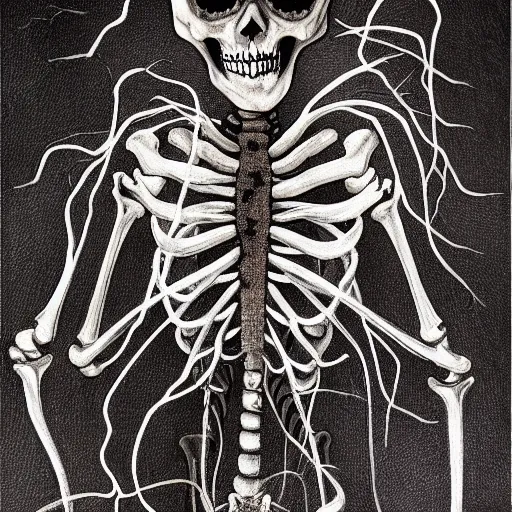 Image similar to award - winning painting of a skeleton infested with pitch black, tar - like, shadow roots with lots of tendrils on the skin, black veins, intricate detail, deep black roots, infestation, shadowy, lovecraftian, beksinksi, black and white, chiaroscuro, full body shot