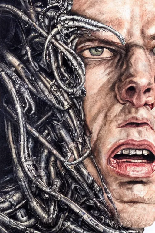 Image similar to portrait of streamer jerma 9 8 5!!, jeremy elbertson, painting by h. r. giger, lovecraftian horror, strands of being, metal album cover, high detail, sharp, sus guy, human figure, permanent bond between metal and man