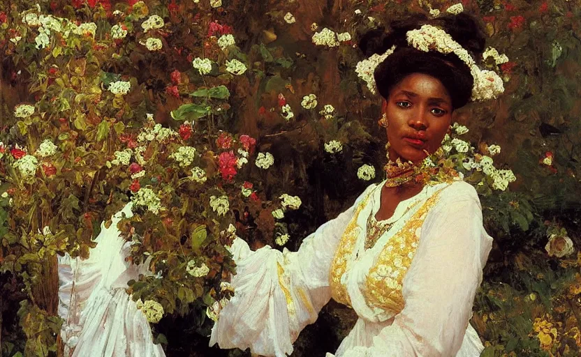 Image similar to high quality high detail painting by ilya repin, black woman in a white room with many plants, intricate costume design, orientalist, partially gold, ornate, elite, luxury, hd