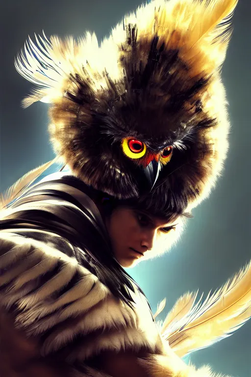 Prompt: Tekken 4 fighter anime Stunning Portrait Robot Owl with feathers all over its body, short black feathers with a samurai sword on its back, in a fighting stance, digital painting, artstation, concept art, soft light, hdri, smooth, sharp focus, illustration, art by tian zi, craig mullins, Mark Arian, WLOP, alphonse mucha