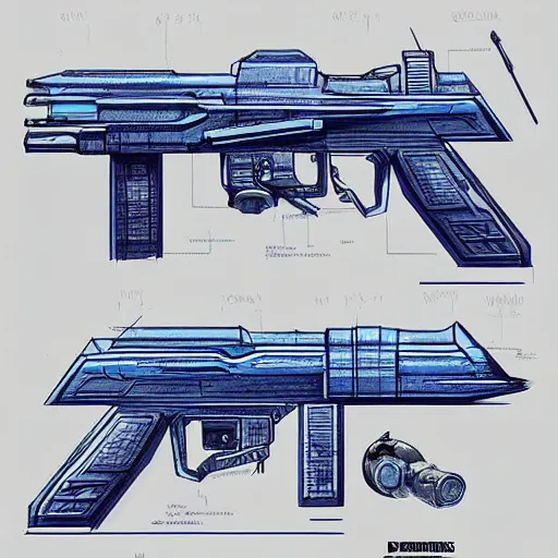 Image similar to “A blueprint for a futuristic gun, D&D sci-fi, artstation, concept art, highly detailed illustration.”