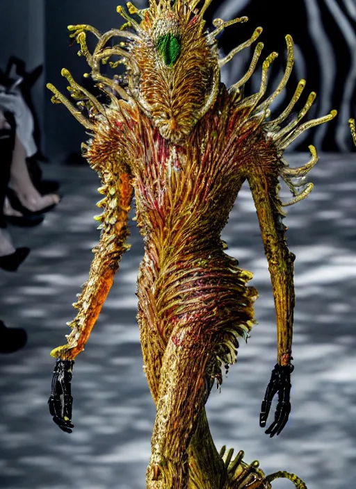 Image similar to walking down the catwalk, steven klein, show, stage, vogue photo, podium, fashion show photo, iris van herpen, beautiful woman, full body shot, helmet on face, masterpiece, plant predator, guyver, jellyfish, biomechanical details, movie still, fauvism, cinestill, bokeh, gelios lens