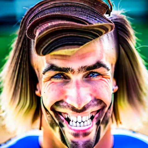 Image similar to a photographic portrait of a young Caucasian man smiling with short brown hair that sticks up in the front, blue eyes, groomed eyebrows, tapered hairline, sharp jawline, wearing a volleyball jersey, sigma 85mm f/1.4, 15mm, 35mm, 4k, high resolution, 4k, 8k, hd, highly detailed, full color, Kodak Kodachrome Film