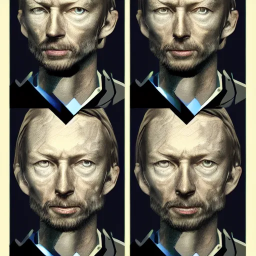 Prompt: collages, hyper realistic, many variations portrait of very old thom yorke, face variations, singer statue of ultron by jama jurabaev, very long shot, trending on artstation, high quality, brush stroke, for aaa game,