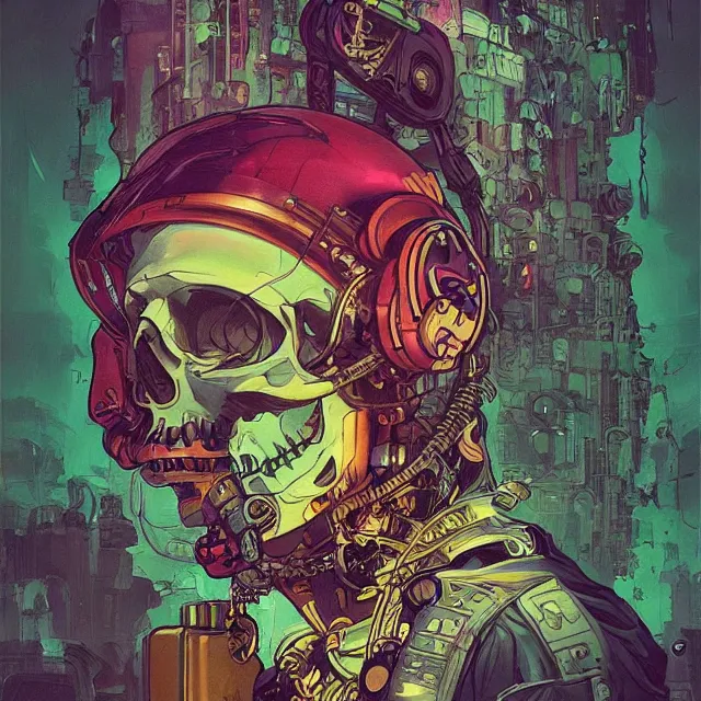 Image similar to a beautiful painting of a ( ( cyberpunk ) ) skull by simon stalenhag and pascal blanche and alphonse mucha! and nekro!. in style of digital art. colorful comic, film noirs!, symmetry, hyper detailed. octane render. trending on artstation