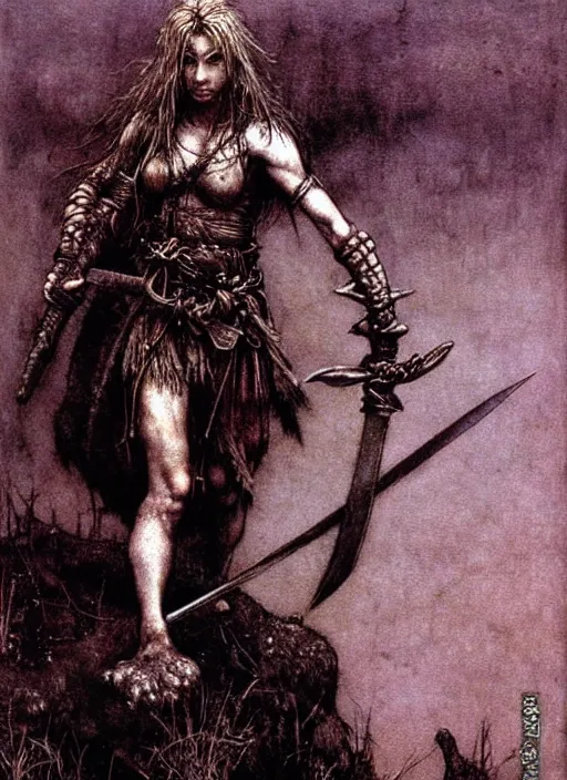 Prompt: barbarian girl with sword by Beksinski and Arthur Rackham