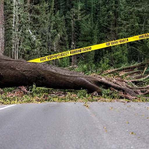 Prompt: fallen tree in highway traffic. Sasquatch Bigfoot peeking out from forest