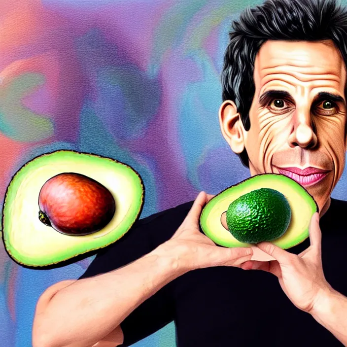 Image similar to ultra realistic illustration of ben stiller in the shape of an a ocado, centered, double exposure, in the lotus position meditating with closed eyes, balancing stack of avocado, symmetrical, beautiful painting