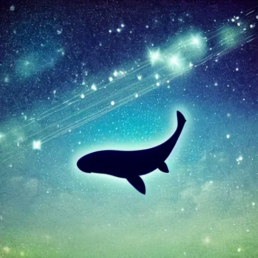 Prompt: portrait of whale swimming on a starry night sky, swimming across the universe, oniric, dreamy, stylized, beautiful,