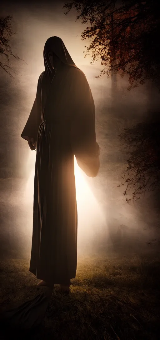 Image similar to photo of mystery figure in a long robe looks into the camera, dark fantasy, cinematic, volumetric lighting, epic composition, high detail, dark fantasy, sunset, swamp