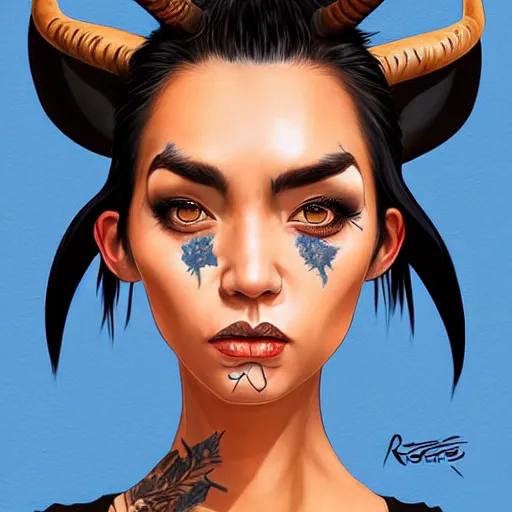 Image similar to illustrated realistic portrait of prong-horned devil woman with blue bob hairstyle and her tan colored skin and with solid black eyes wearing leather by rossdraws