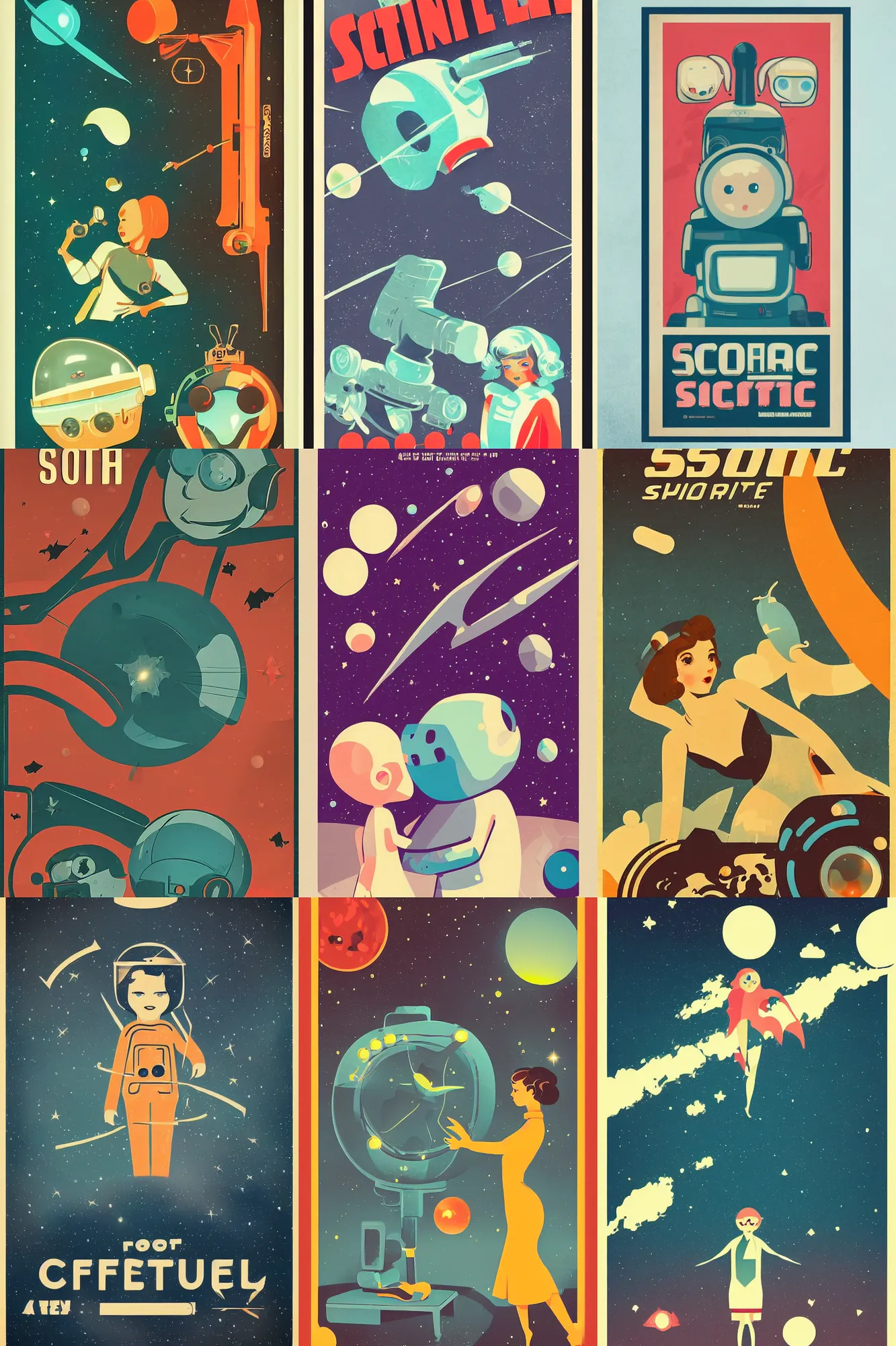 Prompt: illustration cute retro sci - fi poster, soft focus