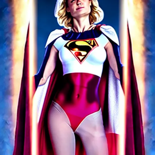 Image similar to brie larson as dc comics'' power girl ', full body with white leotard costume and cape and open chest, pinup photo, 4 k