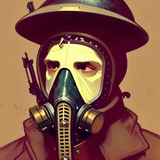 Image similar to portrait of a vicotrian man in suit wearing a gas mask by darek zabrocki, alphonse mucha, simon stalenhag and cinematic and atmospheric, concept art, artstation, trending on artstation