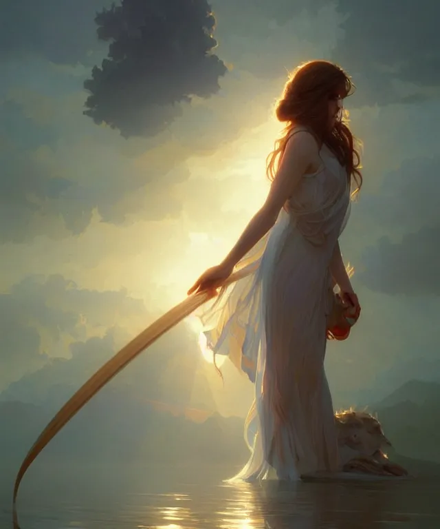 Image similar to emily rajtkowski, lake, elegant, highly detailed, god rays, digital painting, artstation, concept art, smooth, sharp focus, illustration, art by artgerm and greg rutkowski and alphonse mucha