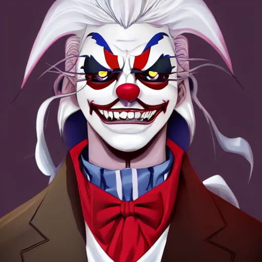 Prompt: portrait of alucard as a clown, anime fantasy illustration by tomoyuki yamasaki, kyoto studio, madhouse, ufotable, trending on artstation