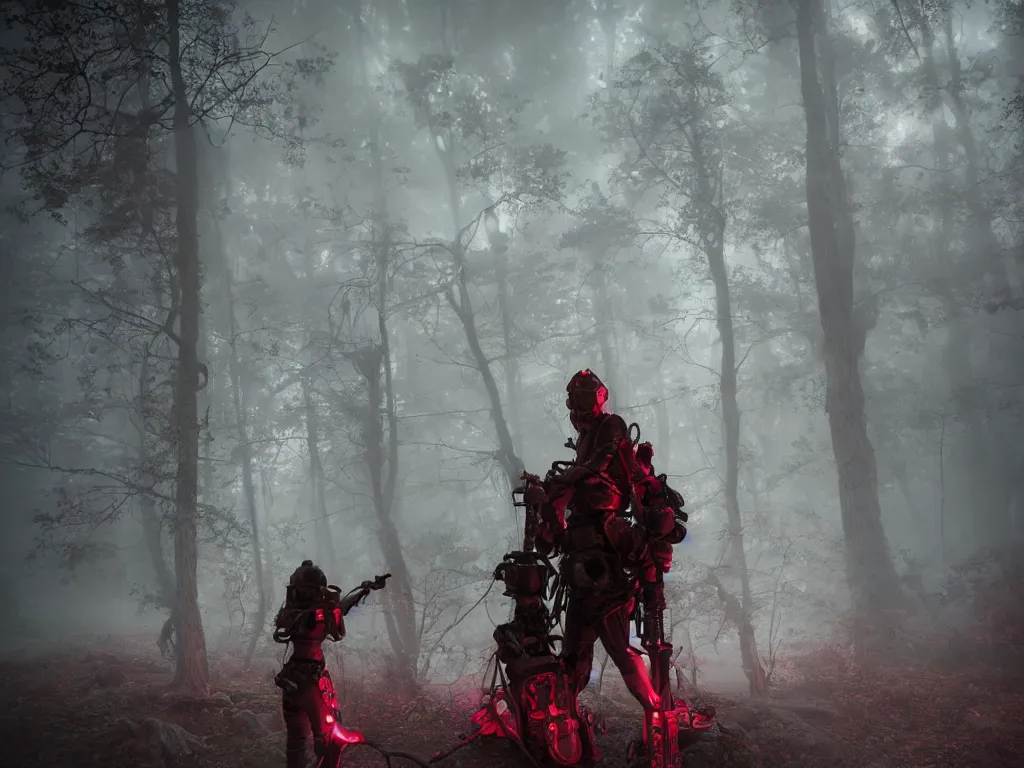 Prompt: between mystical misty swamps a renaissance style soldiers unit in red hoods with dieselpunk-style exoskeletons, armed with edged weapons, battles otherworldly werewolves. Volumetric lighting bioluminescence, plasma, neon, brimming with energy, electricity, power, Colorful Sci-Fi Steampunk, Dieselpunk Biological Living, cel-shaded, depth, particles, lots of reflective surfaces, subsurface scattering