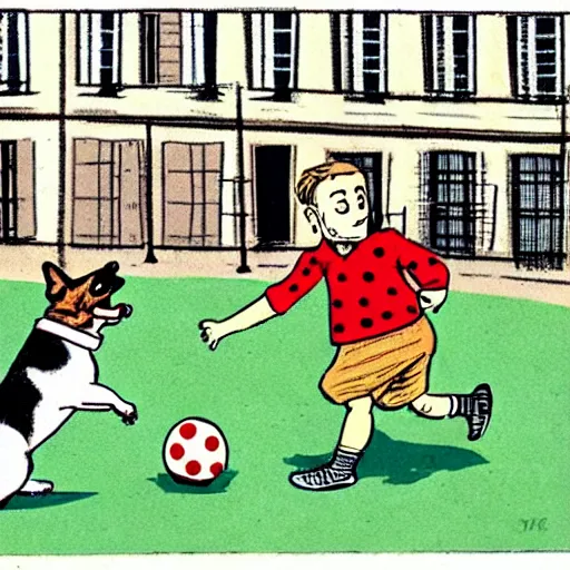 Image similar to illustration of french boy on the streets of paris playing football against a corgi, the dog is wearing a polka dot scarf, comic, 1 9 6 3