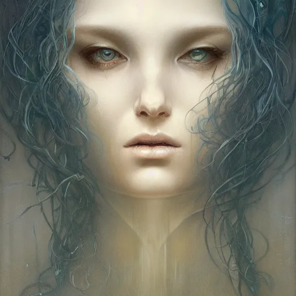 Image similar to a highly detailed beautiful portrait in the style of jean delville and in the style of peter mohrbacher.