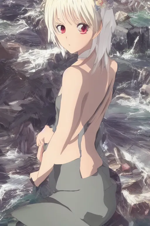 Image similar to anime art full body portrait character concept art, anime key visual of elegant young female, platinum blonde, large eyes, finely detailed perfect face delicate features directed gaze, laying near waterfall, arms crossed behind head, trending on pixiv fanbox, studio ghibli, extremely high quality artwork