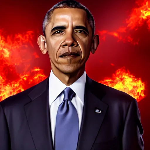 Image similar to Obama red flashlight glowing eyes, flames are burning behind Obama, 40nm lens, 4k,