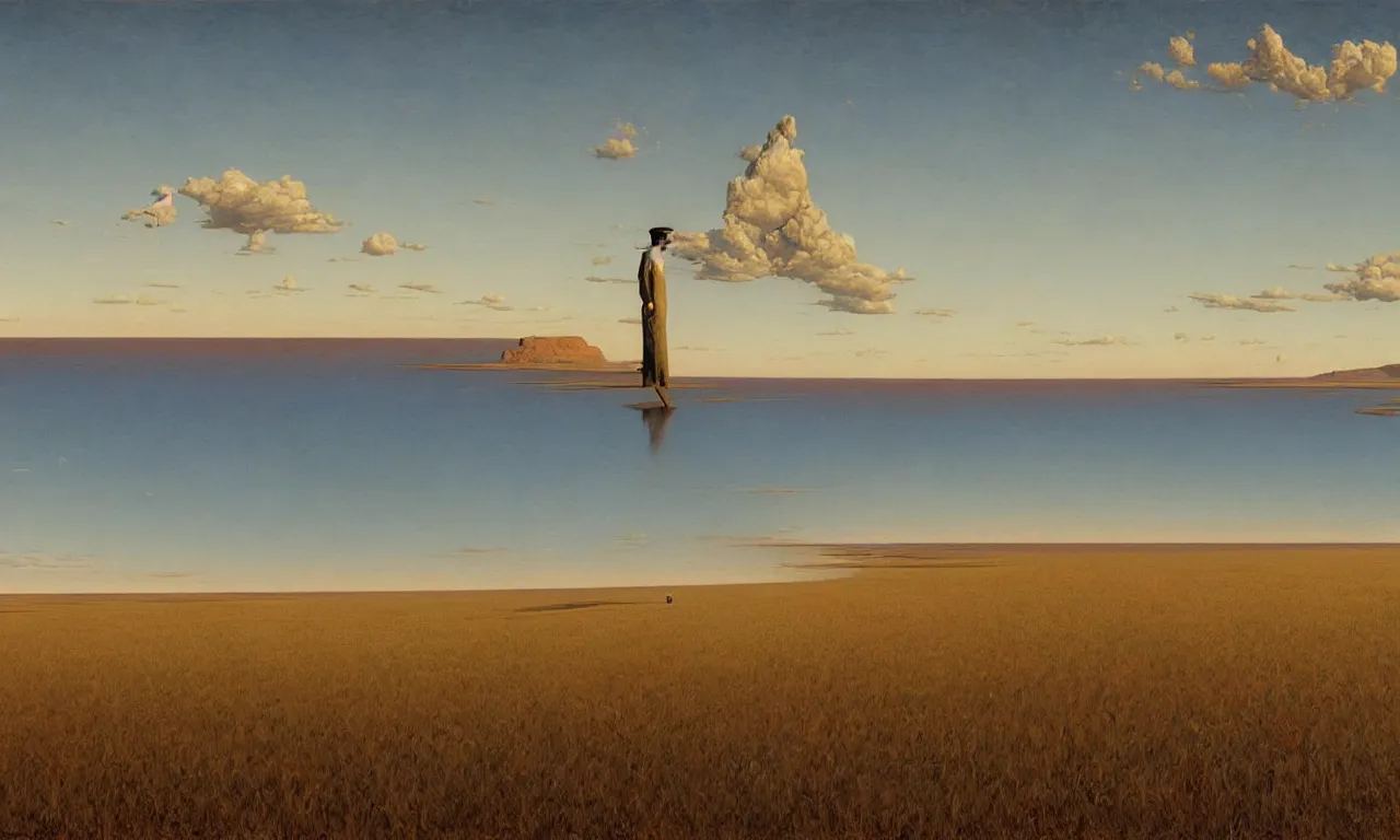 Image similar to a flat landscape with a horizon of surrealism, art by james gurney and greg rutkowski and rene magritte, surrealism by salvador dali, very detailed, high resolution, symmetry, volumetric lighting