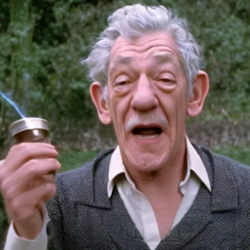 Image similar to film still of ian mckellen, baked beans raining from the sky