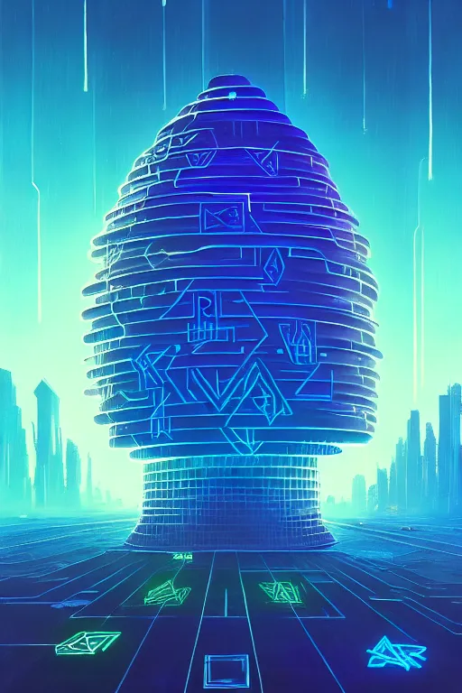 Image similar to a beautiful cyberpunk acrylic painting of a rune beehive in wild, trending on artstation, beeple
