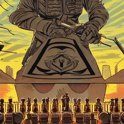 Image similar to a soldier overshadowed by giant chess pieces, artwork by dan mumford